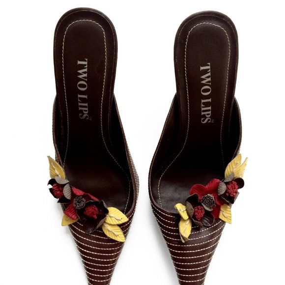 Vintage Two Lips Leather Flower Detail Pointy Toe Mule - Picture 2 of 6